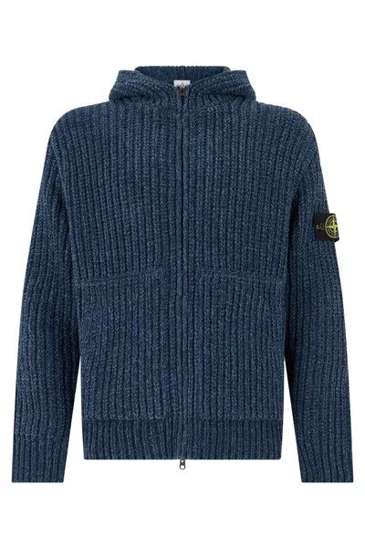 Stone Island Cardigan With Hood And Zip Front In Blue