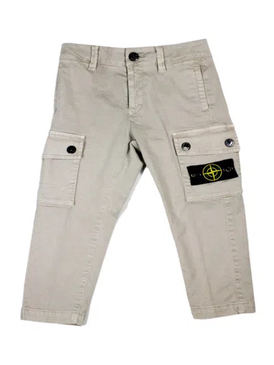 Stone Island Kids' Cargo Trousers With Leg Pockets In Stretch Cotton With Badge On The Left Pocket In Grigio