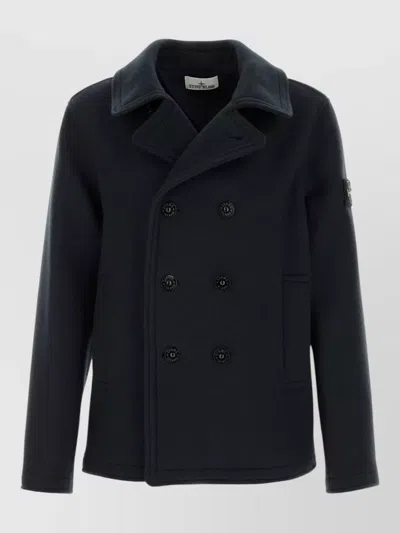 Stone Island Cashmere Blend Double-breasted Peacoat In Blue