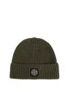Stone Island Beanie With Compass Patch And Ribbed Cuff In Green