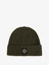 Stone Island Beanie With Compass Patch And Ribbed Cuff In Green