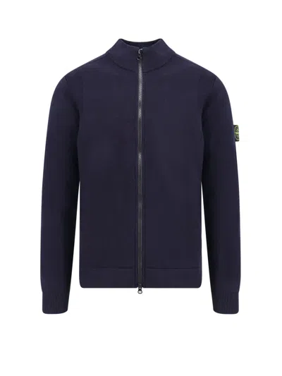 Stone Island Certified Virgin Wool Blend Cardigan In Blue