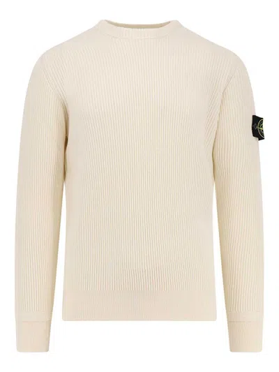 Stone Island Ivory Ribbed Knit Sweater With Crew Neckline In Multi