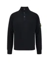 Stone Island High Collar Pullover With Buttoned Placket And Logo Patch In Black