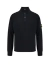 Stone Island High Collar Pullover With Buttoned Placket And Logo Patch In Blue