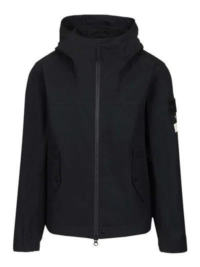 Stone Island Hooded Jacket In Stretch Organic Cotton Twill In Blue