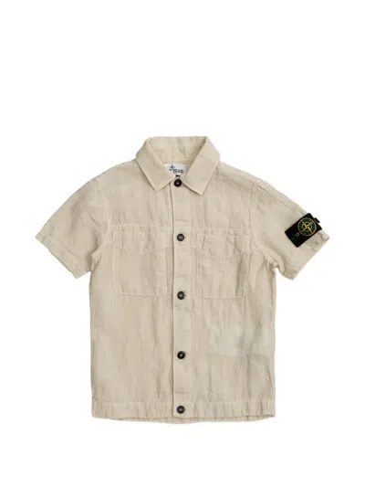 Stone Island Linen Shirt With Logo Badge Kids In Neutral