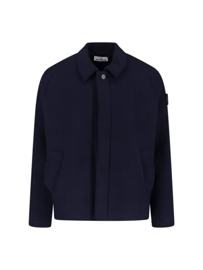 Stone Island Classic Collar Button-closure Wool Jacket With Side Pockets In White