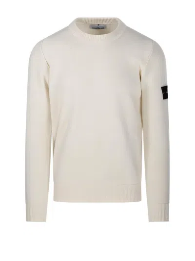 Stone Island Classic Crew Neck Knit Sweater With Logo Patch In Neutral