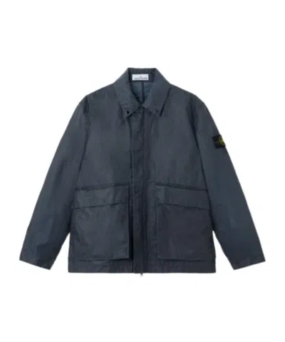 Stone Island Coach Jacket With Pigmented Wax Coating In Blue