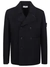 Stone Island Double-breasted Blue Coat With Structured Collar In Black