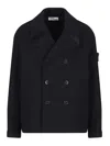 Stone Island Double-breasted Blue Coat With Structured Collar In Black