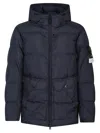 Stone Island Blue Down Jacket With Drawstring Hood And Logo Patch On The Sleeve In Tech Fabric Man In Blue