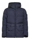Stone Island Blue Down Jacket With Drawstring Hood And Logo Patch On The Sleeve In Tech Fabric Man In Blue
