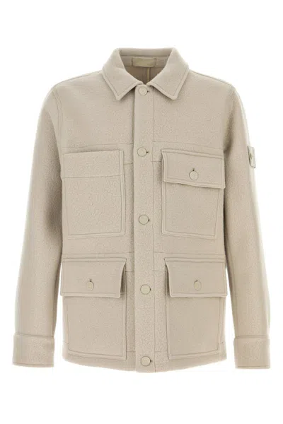 Stone Island Logo Patch Buttoned Jacket In Beige