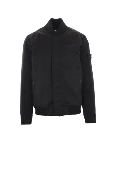 Stone Island Blue Hooded Bomber Jacket In Black
