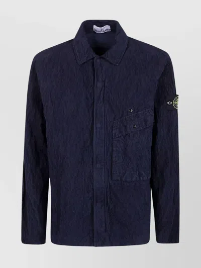 Stone Island Collared Front Pocket Textured Fabric Jacket In Blue