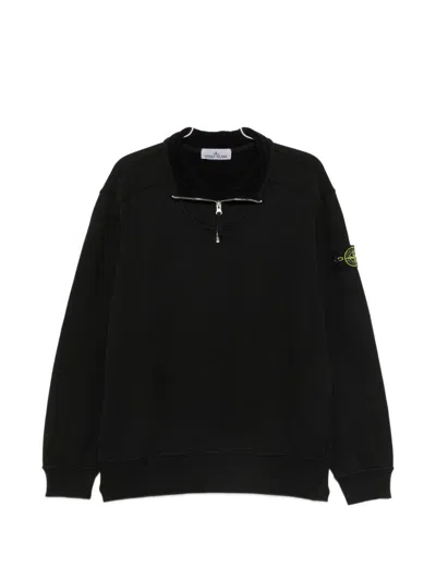Stone Island Comfort Fit Cotton Zip-front Sweater With Ribbed Inner Placket And Badge Detail In Black
