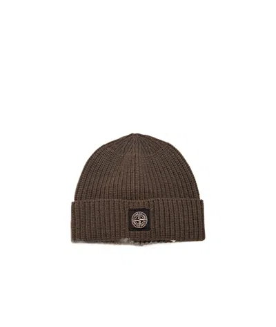 Stone Island Compass Appliqué Virgin Wool Beanie In Brown