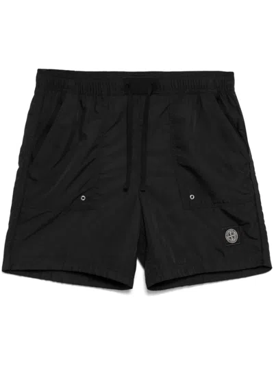 Stone Island Logo Crinkled Nylon Swim Shorts In Black
