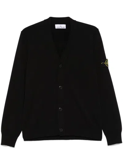 Stone Island V-neck Wool Knitted Cardigan In Black