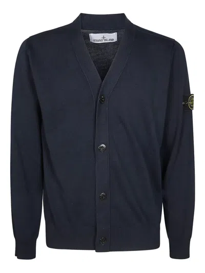 Stone Island Long-sleeved Knitted Cardigan In Blue