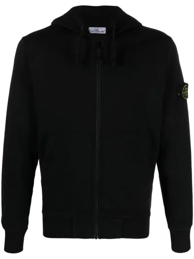 Stone Island Drawstring Hooded Zip-up Sweater In Black