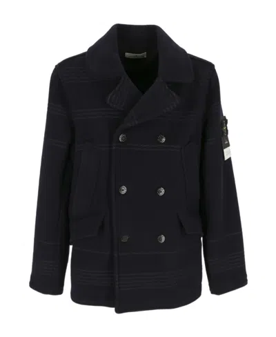 Stone Island Compass Badge Double-breasted Coat In Blue