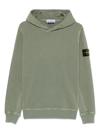 Stone Island Moss Green Hooded Sweater With Ribbed Cuffs And Logo Patch