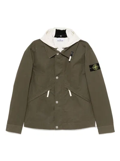 Stone Island Green Jacket With Logo Lettering On The Hood And Logo Patch On The Sleeve In Cotton Man