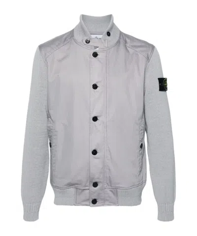 Stone Island Compass-badge Knitted-sleeves Jacket In Gray