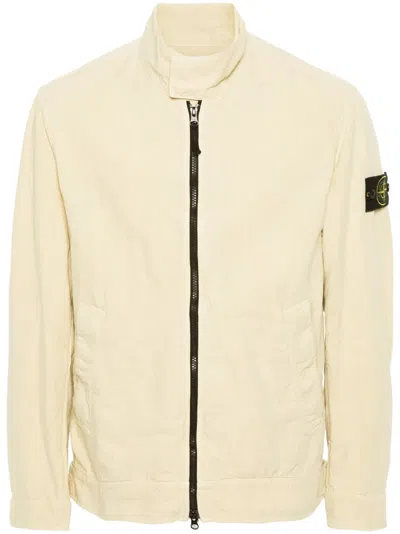 Stone Island High Collar Ribbed Texture Cardigan Badge In Beige