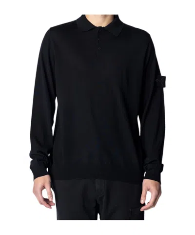 Stone Island Logo Patch Long Sleeved Polo Shirt In Black