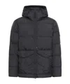 Stone Island Blue Down Jacket With Drawstring Hood And Logo Patch On The Sleeve In Tech Fabric Man In Black