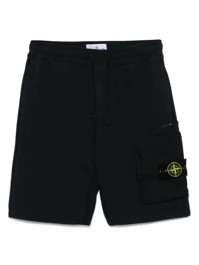 Stone Island Minimalist Black Activewear Shorts With Elastic Drawstring Waistband In Blue