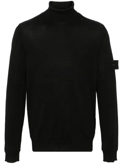 Stone Island Ribbed Turtleneck Sweater Long Sleeves In Black