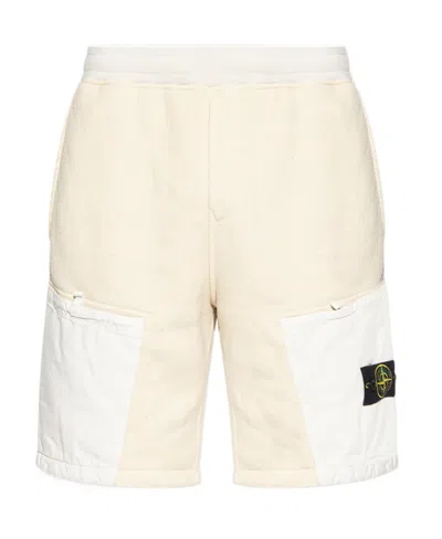 Stone Island Compass-badge Terry-fleece Bermuda Shorts In White