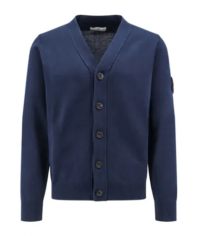 Stone Island Compass-badge V-neck Cardigan In Blue