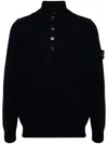 Stone Island High Collar Pullover With Buttoned Placket And Logo Patch In Black