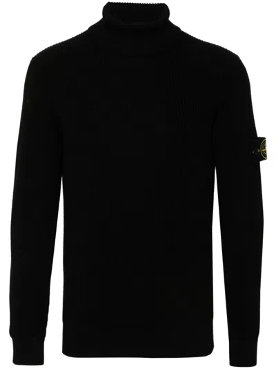 Stone Island Arm Patch Turtleneck Ribbed Texture Long Sleeves In Black