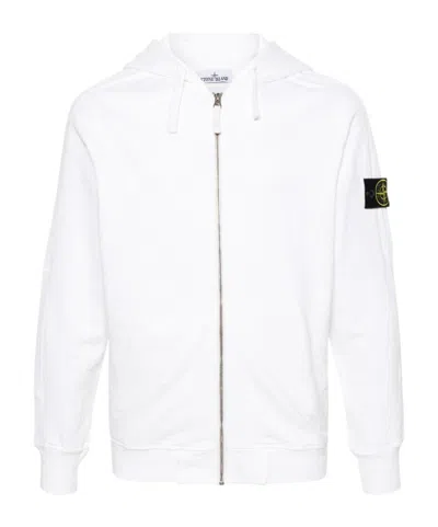 Stone Island Compass-badge Zip-up Hoodie In White