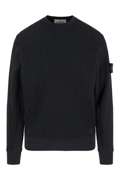 Stone Island Crew Neck Cotton Sweatshirt With Ribbed Texture In Blue