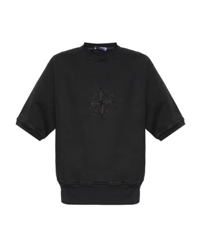 Stone Island Compass-embroidered Fine-ribbed T-shirt In Black