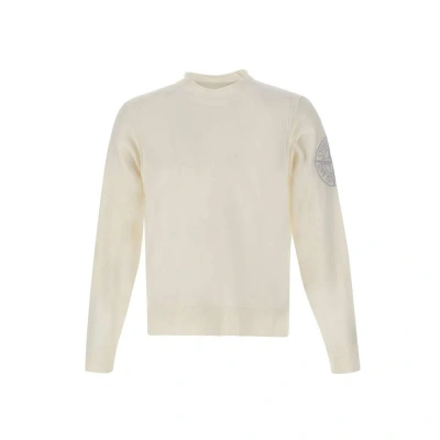Stone Island Compass Embroidered Knitted Jumper In White
