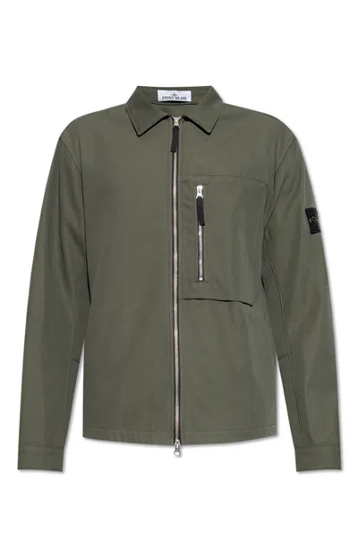 Stone Island Compass-badge Zipped Shirt Jacket In Green