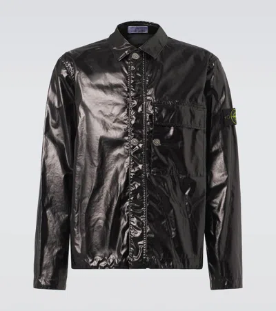 Stone Island Compass Laminated Cotton Overshirt In Black