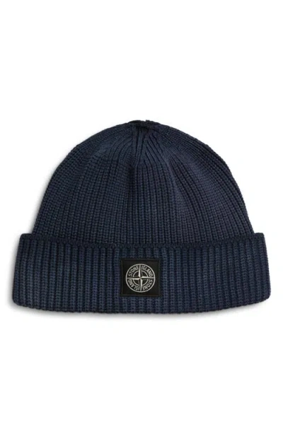 Stone Island Compass Logo Patch Rib Beanie In Blue