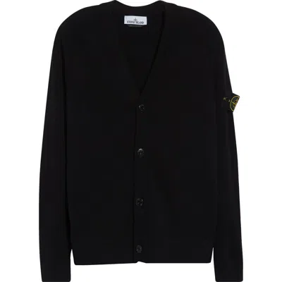 Stone Island Compass Logo Patch Virgin Wool Cardigan In Black