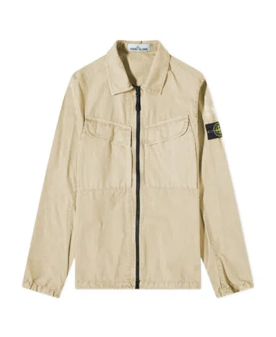 Stone Island Compass-logo Zip-up Shirt Jacket In Nude
