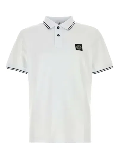 Stone Island Contrasting Trim Logo Patch Cotton Blend Polo Shirt In White